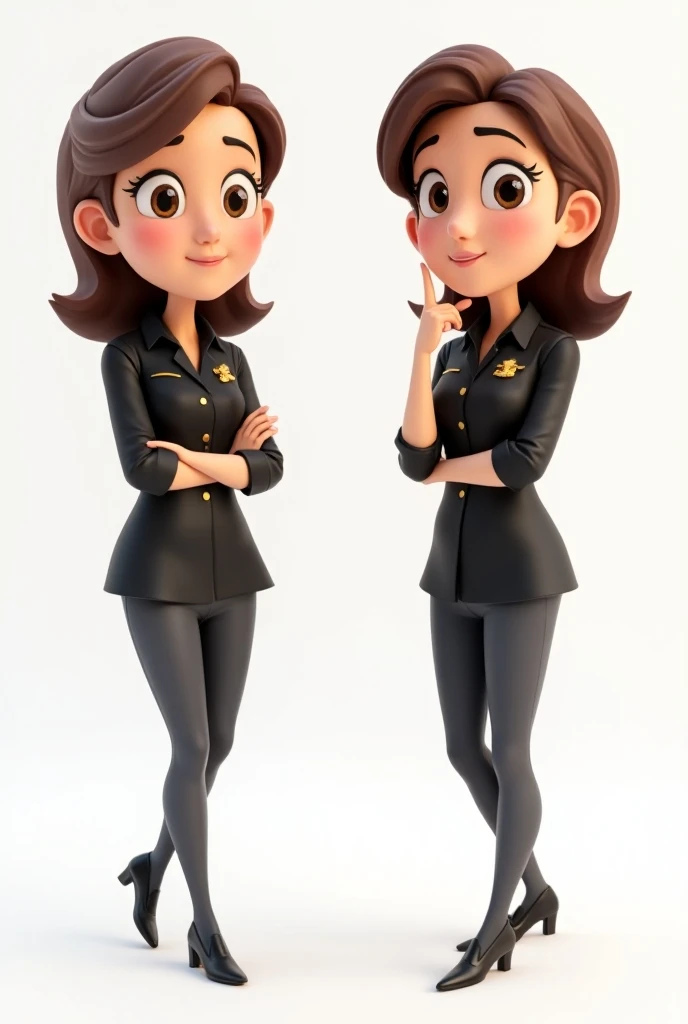 Create a beautiful and persuasive 3D cartoon-style mascot of a psychologist in the Disney Pixar style with two full-body poses. In Pose 1, she is standing with her legs uncrossed, both feet flat on the ground, and her right hand thoughtfully resting on her...