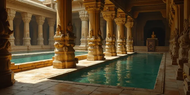 Picture an awe-inspiring architectural marvel of ancient South India: a massive rectangular swimming pool suspended high on a terrace, seamlessly integrated with a grand public bathhouse below. The pool is a testament to the grandeur of temple architecture...