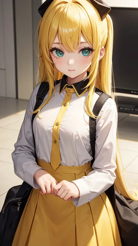  uniform dress, green eyes, yellow hair 