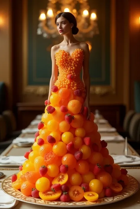 Ultra-realistic dress, 8K,  made entirely of natural real fruit,  jelly-like texture , Intricate Details,  fashion show , attendee ,  top restaurant chef ,  ornate plate ,  fancy lighting ,  haute couture inspiration ,  food stylist props ,  real-looking m...