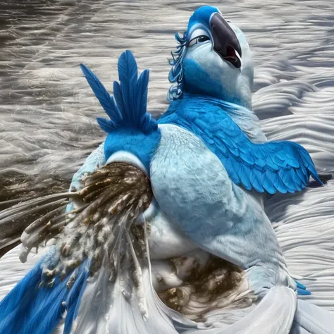 photorealistic, solo, (((( Mimi a female Spix macaw, Blue feathers, avian, feral, hyper excessive anal white feces, screaming)))), hyper realistic, cinematic colors, cinematic lighting, incredible detail, 16k resolution, award winning photography, ((((fera...