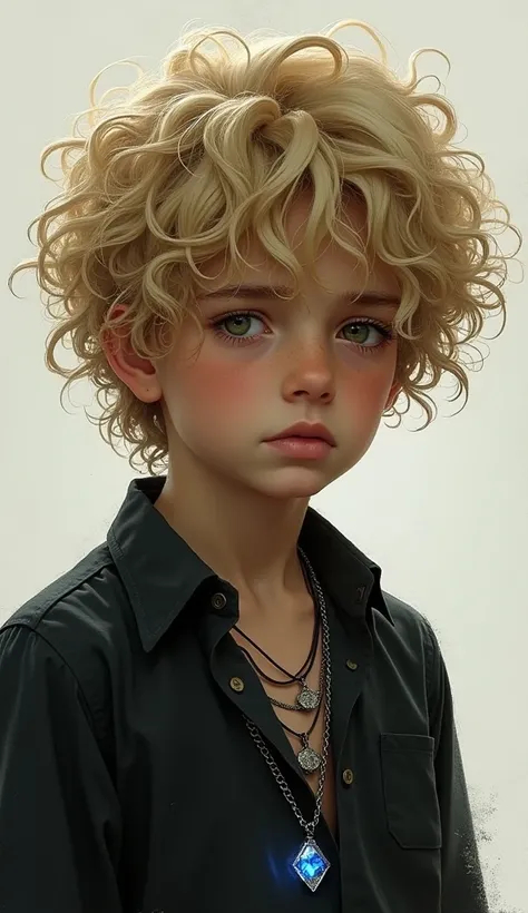 A boy with curly hair  ( messy ) blonde, with dark clothes,  I have some necklaces around my neck and one of them has a shiny blue stone. realistic 