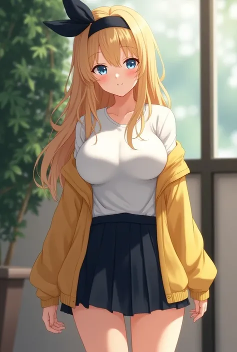 Big Breasts,long wavy hair ,Blonde,Light blue eyes,Busty,High school girl,uniform, School T Shirt , School T Shirt の上に黄色のカーディガン,Busty, loose socks, headband with black ribbon,Thick thighs,Busty