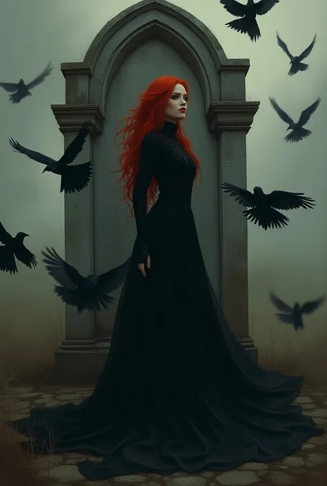 Créé une illustration de Mylène Farmer habillée en robe longue noire devant un tombeau avec des corbeaux. Cheveux roux. 