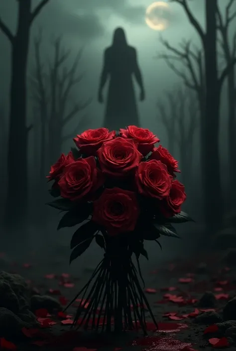 Bloody red roses , in a terrifying and dark landscape