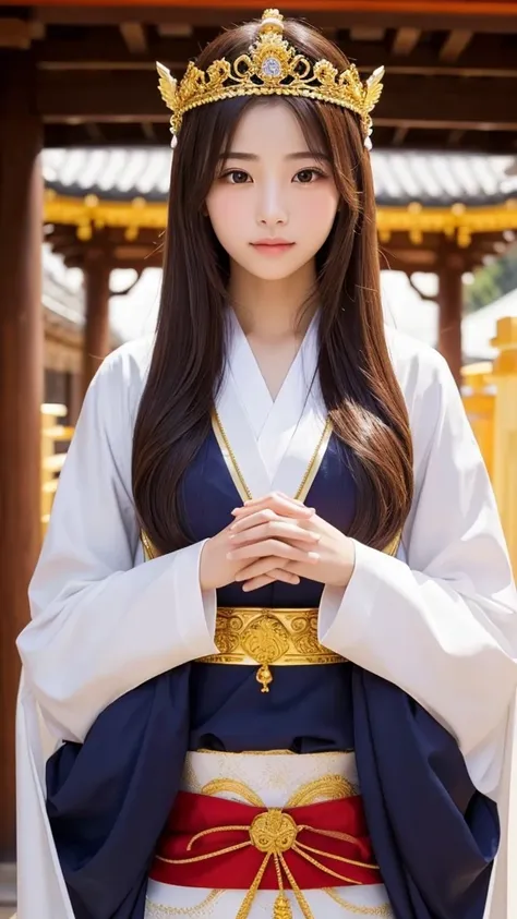 Beautiful young single woman facing the front　Goddess　Gorgeous　Beautiful young man facing the front 　A dignified expression full of benevolence　 holding hands in front of chest　Long sleeves that dont show skin 　Japanese　A beautiful young goddess facing the...