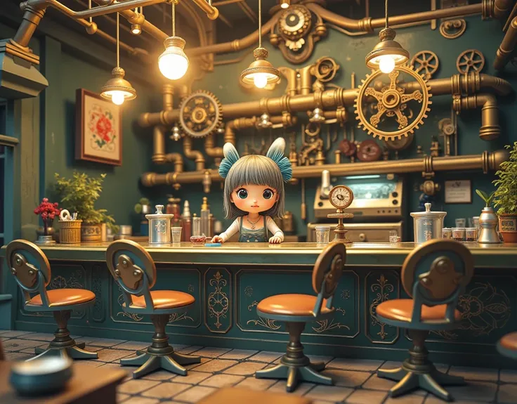 steampunk world ,  steampunk style bar  ,   bar with steampunk counter ,   pewter toy style bartender , fujiko fujio style ,  ja...