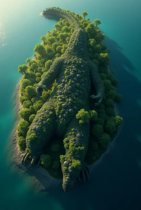 Top view clouds looking down in Godzillas remains are covered with trees and roots. His body lies in the sea and turns into an island. 