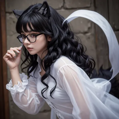 A woman dressed as a black-haired wolf with curly hair dressed as a ghost with glasses