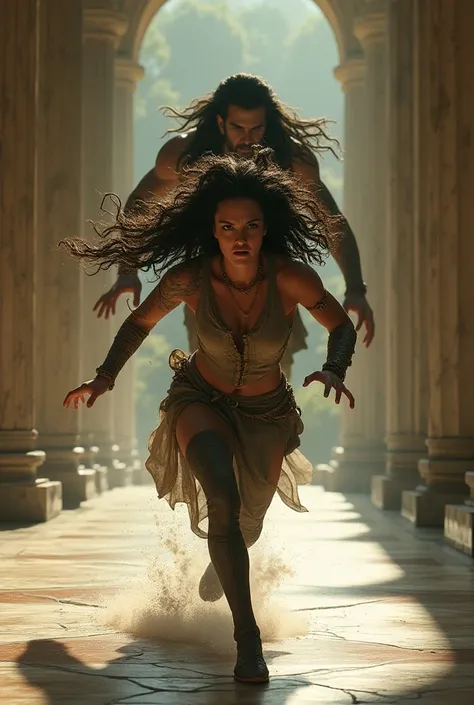 Medusa fleeing through the temple, her expression a mix of fear and determination, as Poseidon follows her relentlessly.