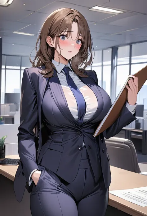 ((best quality)), ((masterpiece)), (detailed), (1 girl), sexy,  with bright brown hair and a 120cm bust,  holding a file in her ...