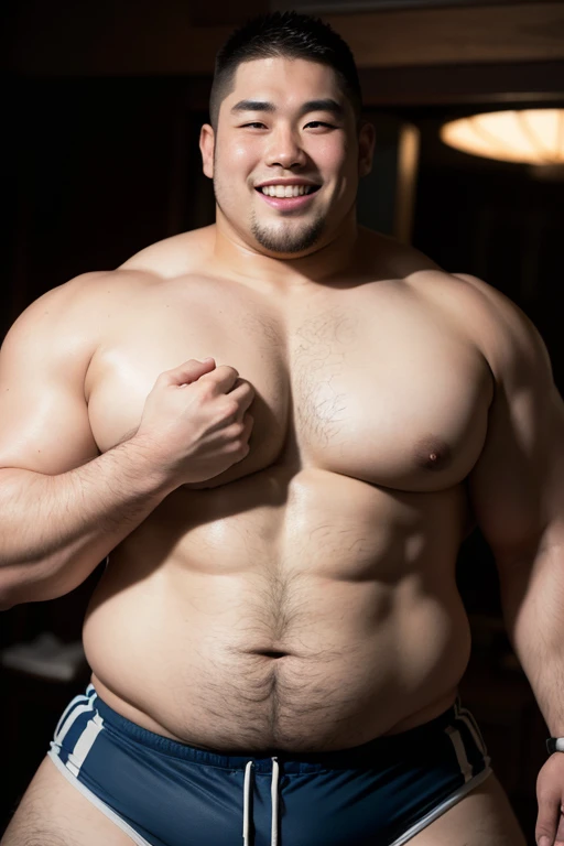 ((highest quality)), ((masterpiece)), (detailed), ((Perfect Face)), 4k, Shaved head, Young Japanese, Muscular, Fat body, Very big man, smile, ((showing off huge thighs)), A large Japanese man,  ((shirtless man)), whole body, Rugby player, Thick legs, Thick...