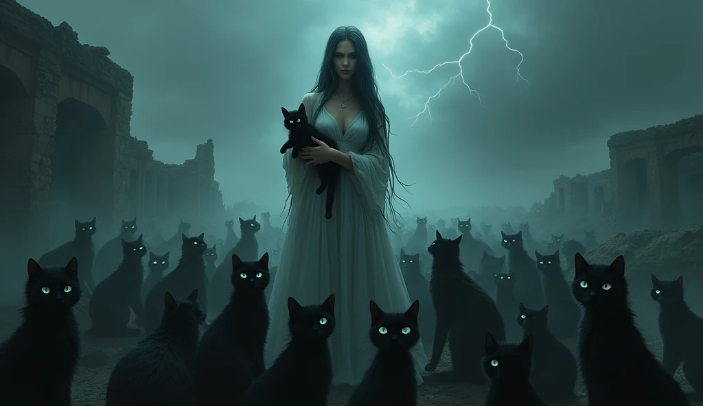  Visualize a ghostly figure , pale and ethereal ,  with a torn dress floating in the dark .  Layla has a penetrating and vengeful look ,  as she holds a black cat in her hands . Around you,  hundreds of dark-haired cats are intertwined and cover the ground...