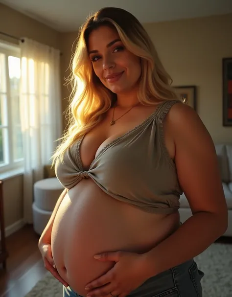 a POV image of a plus-size pregnant American woman in her 30s with blonde hair, captured in a fisheye camera view. She has a large, jumbo-sized belly, and her expression conveys a playful intent to kiss, with her lips slightly puckered as if about to give ...