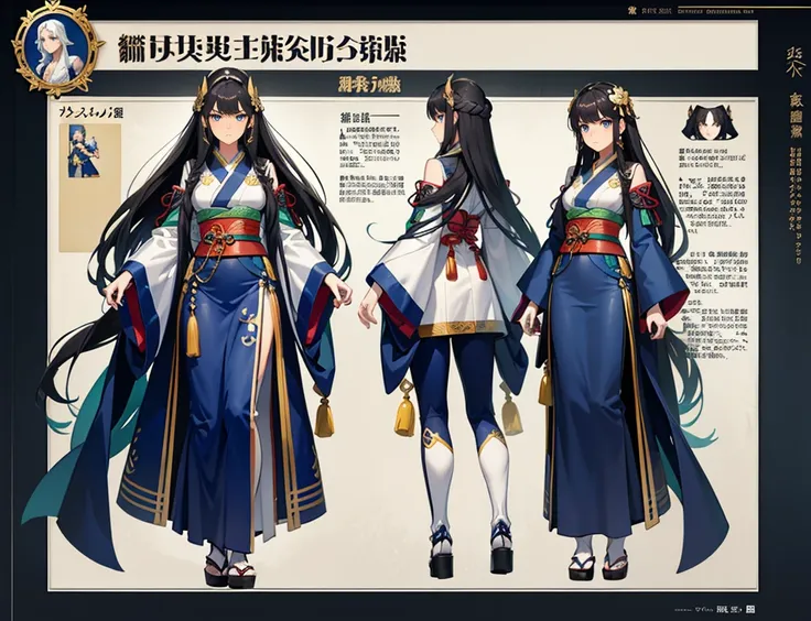 ((detailed face)), ((detailed woman face)), ((character concept art)), ((Character Design Sheet, front, side, back)) ((Masterpiece, Highest quality)), Woman, girl, Detailed face, character design sheet, full body, Full of details, detailed face, green-blue...