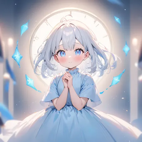 ( anime style:1.4), soft painterly touch 、超 High Resolution ,  Attention to Details, High image quality,  High Resolution , 最High image quality, 4K, 8k, blue luminous clock background 、White Hair Girl、cute, beautiful light effects surrounding the body,donm...