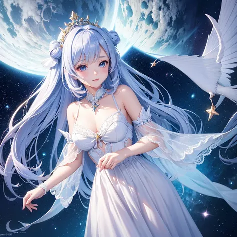  Close-up photo of a woman wearing a dress with a fairy dress.,  Angel of the Stars ,  beautiful fantasy anime , Fantasy anime illustration, Fantasy anime, Fantasy art style,  Anime Princess ,  Cute Anime Waifu in Pretty Dress , Anime fantasy art,  Cute  a...