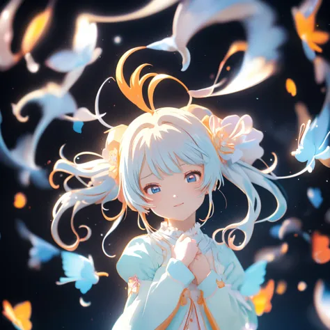 ( anime style:1.4), soft painterly touch 、超 High Resolution ,  Attention to Details, High image quality,  High Resolution , 最High image quality, 4K, 8k, blue luminous clock background 、White Hair Girl、cute, beautiful light effects surrounding the body,donm...