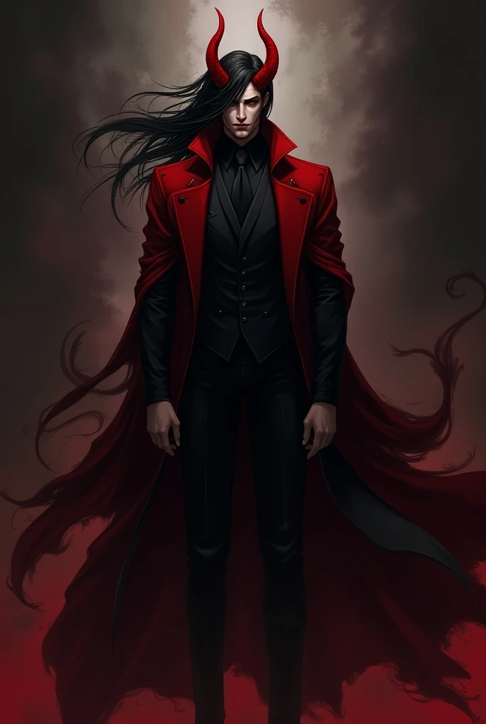 Black haired male ambassador with red horns, black coat alternating red, black pants, skinny