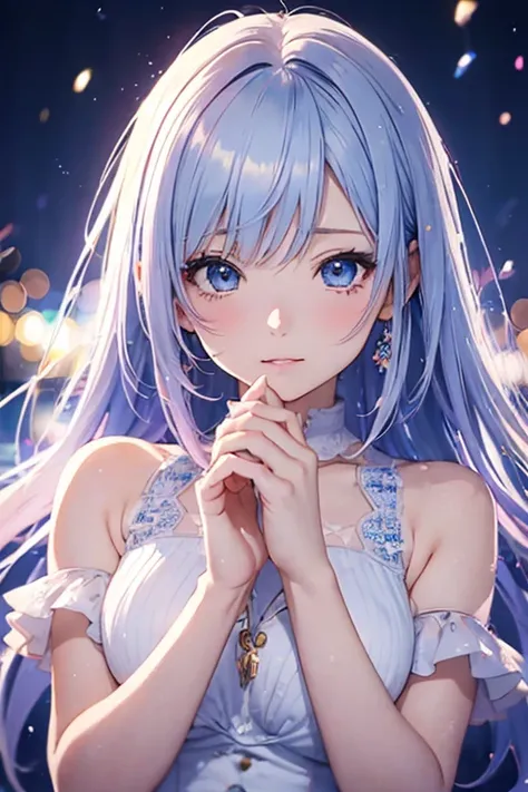 ( anime style:1.4), soft painterly touch 、超 High Resolution ,  Attention to Details, High image quality,  High Resolution , 最High image quality, 4K, 8k, blue luminous clock background 、White Hair Girl、cute, beautiful light effects surrounding the body,donm...