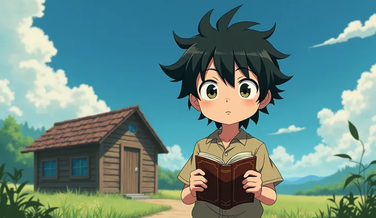 Kira, a teenage boy with messy black hair and simple, worn-out clothes. He is standing outside his small, wooden house, looking towards the horizon with a curious and determined expression, holding an old, mysterious book in his hands. Give me anime form 
