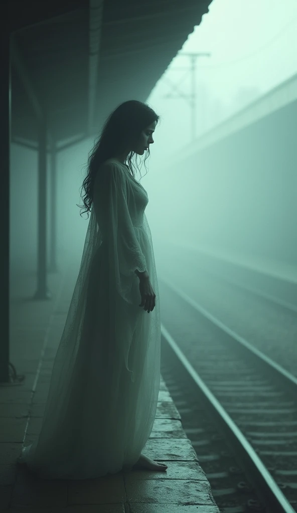 Prompt: Show the woman in a ghostly form, slightly translucent, standing at the edge of the platform. The scene should depict her looking towards the tracks with a haunting expression. Surround her with a mist or fog to enhance the supernatural feel.