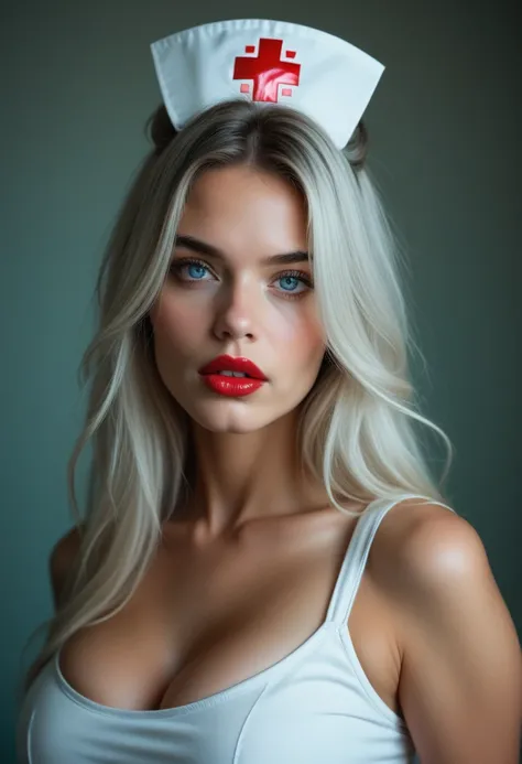 (((Sfw))), ( Best quality ,  Ultra-detailed,  photorealistic: 1.69), sexy face, bright blue eyes,  in bright and bright colors  ,  studio lighting ,  romantic expression , seductive,giant breasts, giant lips,  red lips, , SPLIT, straight hair, ironed hair,...