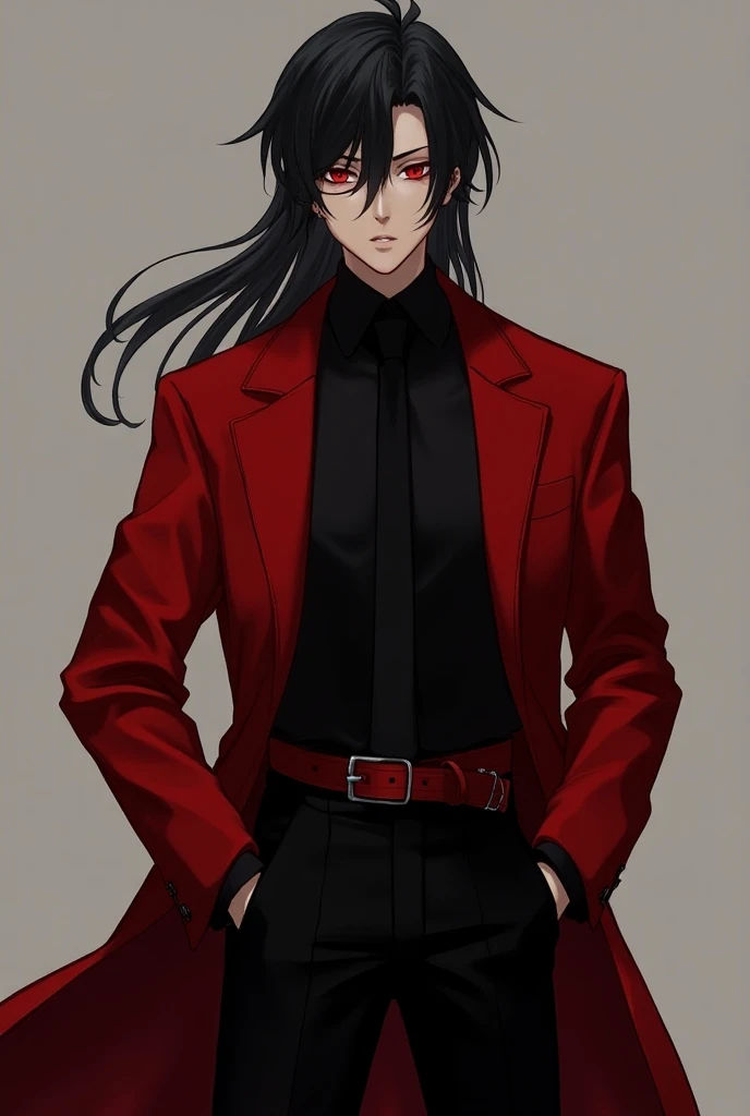 Male Ambassador Red Eyes Black Hair Long Red Coat Black Undershirt Black Pants Red Belt Skinny White Young Men Short Hair