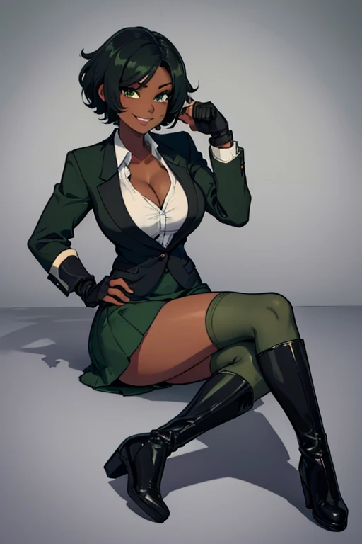 female, black short hair, hazel eyes, dark skin, (((1girl))), (((green suit blazer))), (green skirt), (white dress shirt), (black knee high boots), (black fingerless gloves), cute and sexy, full body, big breasts, long legs, smiling, cleavage