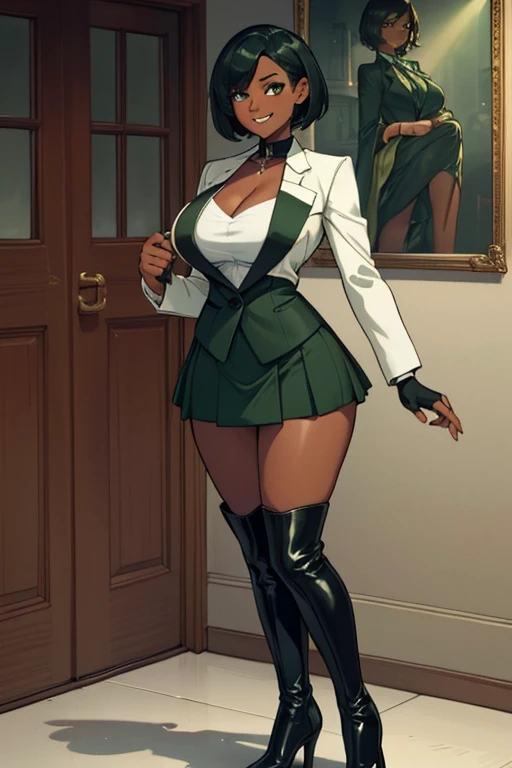 female, black short hair, hazel eyes, dark skin, (((1girl))), (((green suit blazer))), (green skirt), (white dress shirt), (black knee high boots), (black fingerless gloves), cute and sexy, full body, big breasts, long legs, smiling, cleavage