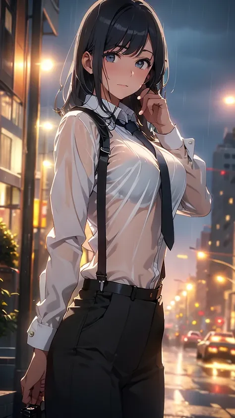 woman in a suit, belt, hands on back,  sweaty, suspenders,  black pants , large breasts, see-through clothing, rain, detective, ...