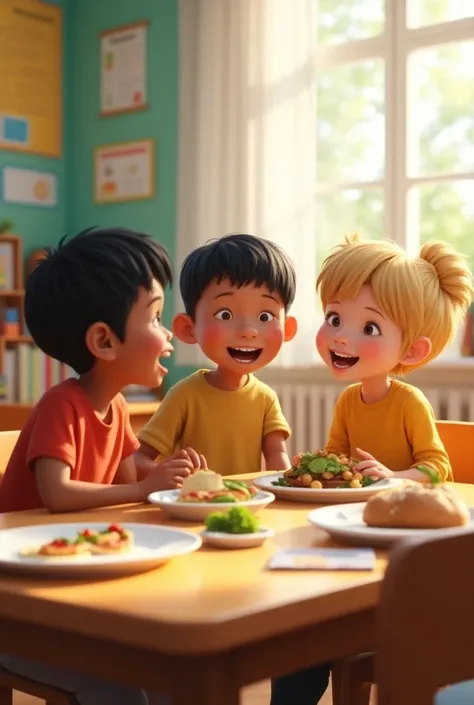  Send me an image of a brown boy with straight black hair ,  along with another white-skinned boy with straight black hair and a blonde girl, these three asking about their favorite food in class 
