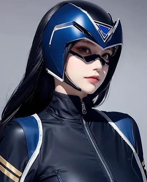 All womans dark blue rangers, dark blue ranger suit, as shes power rangers dark blue, full body , helmet mask, long hair, high detailed, realistic, gloves, ultra realistic, ((full face helmet)), black shield sunglasses on eyes, smart black sunglasses 