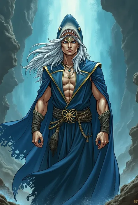 I want to creat a comic book front page and the main character appearance is tall lean , fair , blue eyes, long silver hair who can manipulate time should be a male character with a shark head as a crown