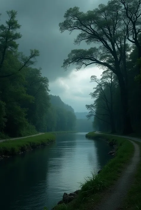 Straight narrow river, tall  trees  beside road alongside the river, semi dark cloudy sky weather, thunderstorming