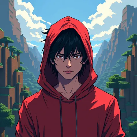 Bikinka fanart ,  character black haired guy , wearing red hoodie ,  background render minecraft size 1280×1280