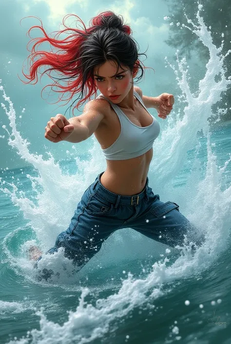 masterpiece, Melhor qualidade, ( dynamic pose :0.5), absurdres, 1 girl,   Fight position ,  punch in water , ( Attacking with water :1.5) wet clothes, Wet hair , wet face,  Water behind a person,  multicolored hair , (wind:1.4)