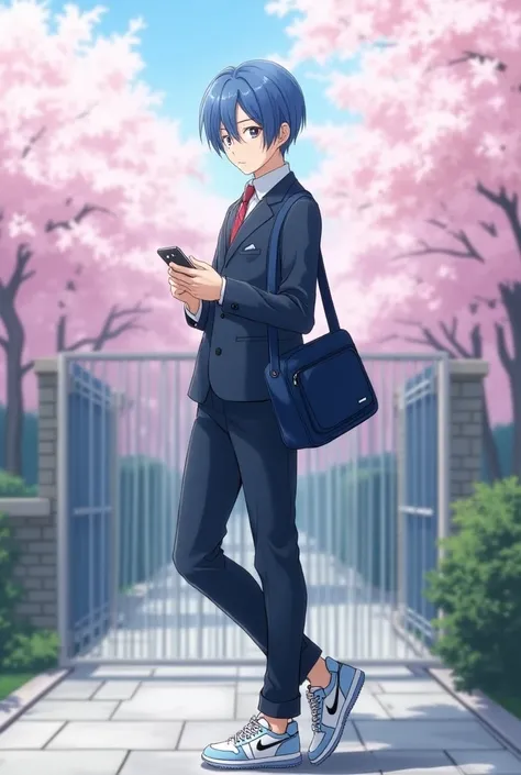 male、high school student、 mature sexy older brother 、 fresh protagonist face 、ブレザータイプの日本の高校のmale子の制服上下を着ている、 wearing white and light blue Nike sneakers 、Blue Hair、Short Hair、Horizontally sharp eyes 、Refreshingly smiling 、 cherry blossoms blooming at a Japa...