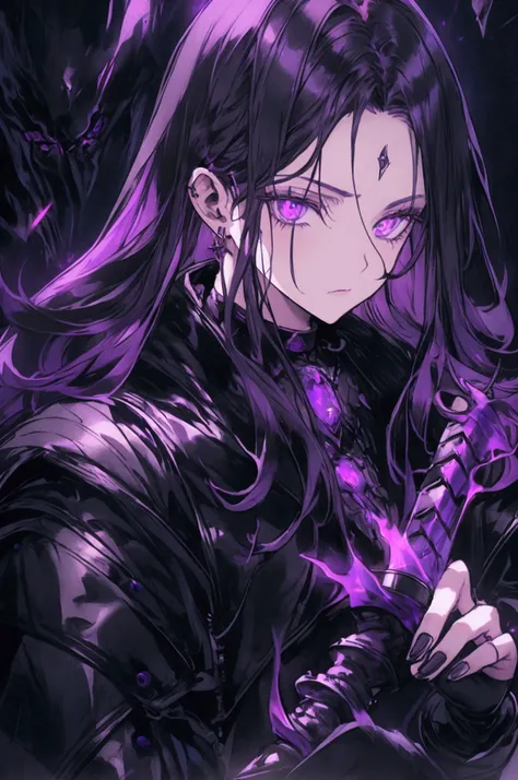 woman with dark purple hair, sad facial expression, detailed eyes, with a black jacket, holding a purple sword, highly detailed, cinematic lighting, dramatic colors, dark and moody, fantasy art