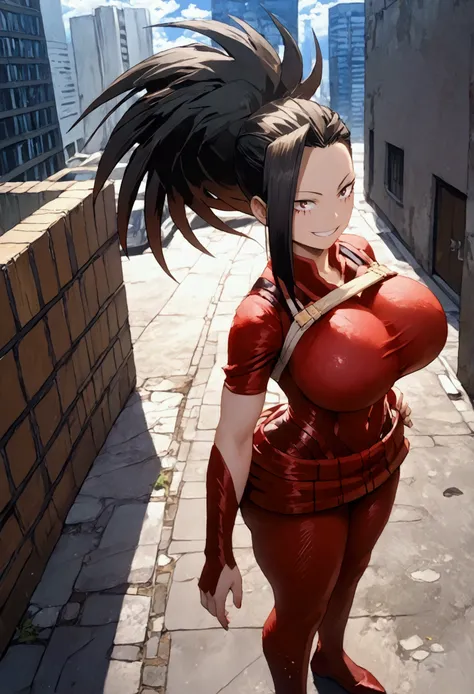 (((Momo Yaoyorozu)))、( Black Hair )、(  ponytail)、((( Red bodysuit )))、(((Clothing))),(((((Super huge, Abnormally swollen breasts)))))、(((((Large Breasts)))))、、(((Super huge ass)))、((( fluffy)))、(((Voluptuous body)))、(((Thick thighs)))、(((   Smiling with te...