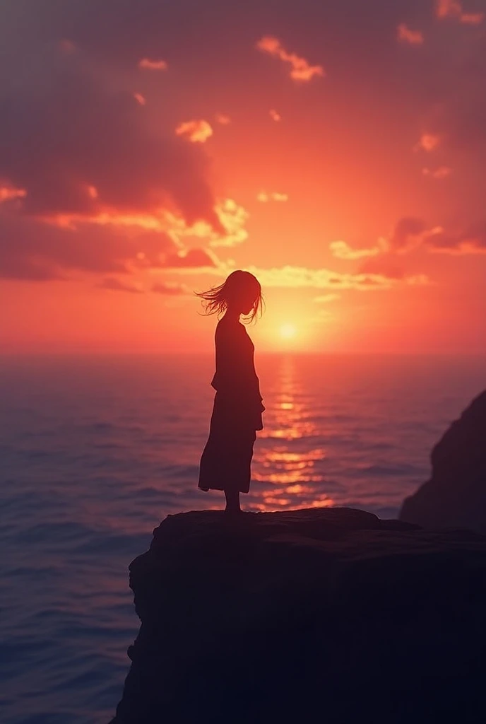 A person standing alone on a cliff at sunset, with a melancholic expression, gazing into the distance. The sky has orange and purple hues, representing a mix of sadness and hope, and the wind is gently blowing through their hair, symbolizing the feeling of...