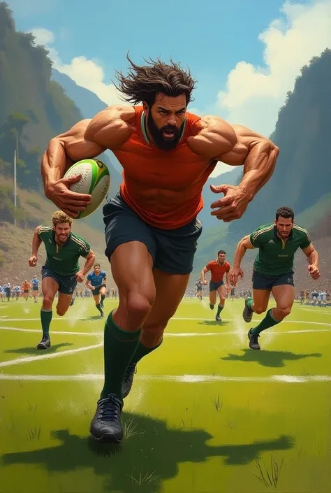 Image of ren from the Ande ,  playing rugby on the field all in oil