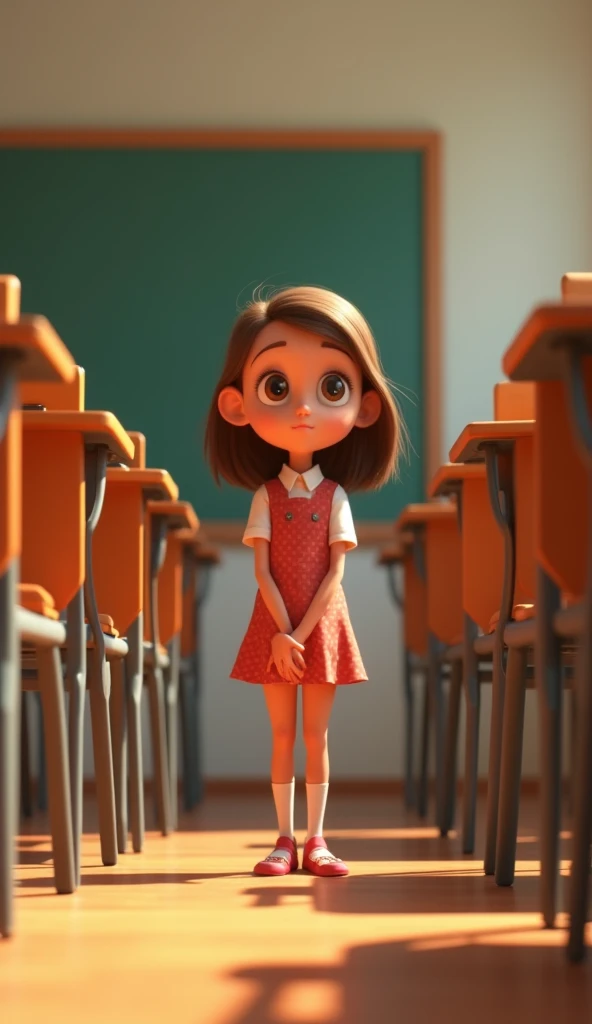 3d pixar style animation,  Lily was a shy girl at school, thin, fair skin, medium sized light brown hair, surrounded by school chair and desk in classroom