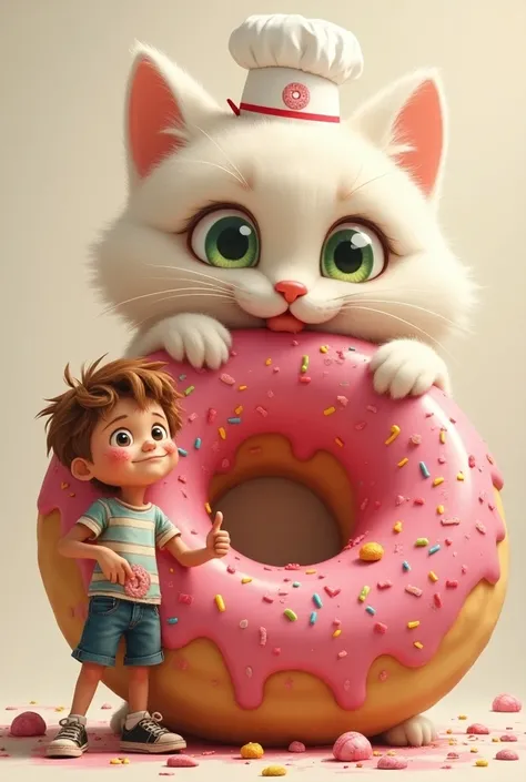  
Eating the Giant Donut

Description: The boy and the giant cat sit together, happily eating the giant donut with its pink icing. Their faces are smeared with icing and sprinkles. With big smiles, they look at the camera and give a thumbs-up, showing thei...