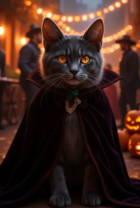 masterpiece, best quality, Photorealistic, realistic, photograph, Cat dressed as a vampire at a Halloween party