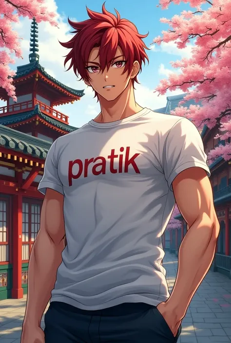 Create 18 + Anime boy image with a text Pratik on the t-shirt  with Japanese background