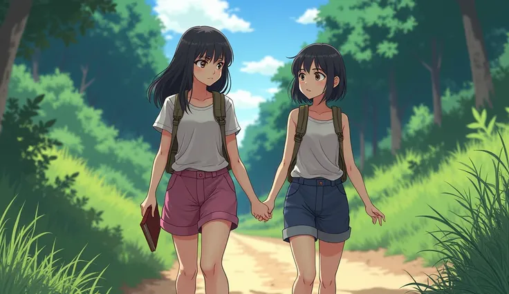 Kira walks slightly behind Luna, who leads the way confidently. Kira looks at her with a mix of admiration and wariness, while Luna stays focused on the path ahead. They carry small backpacks, and Kira still clutches the book tightly. Give me anime form 