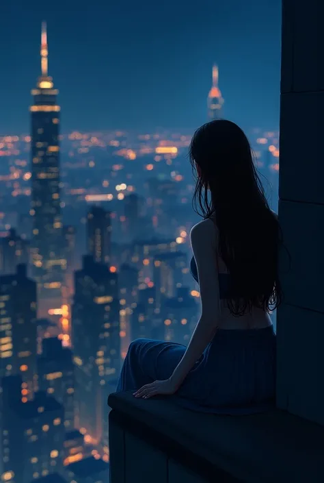 a young woman sitting with her back to 
spectator on the edge of a building looking at the city at night 