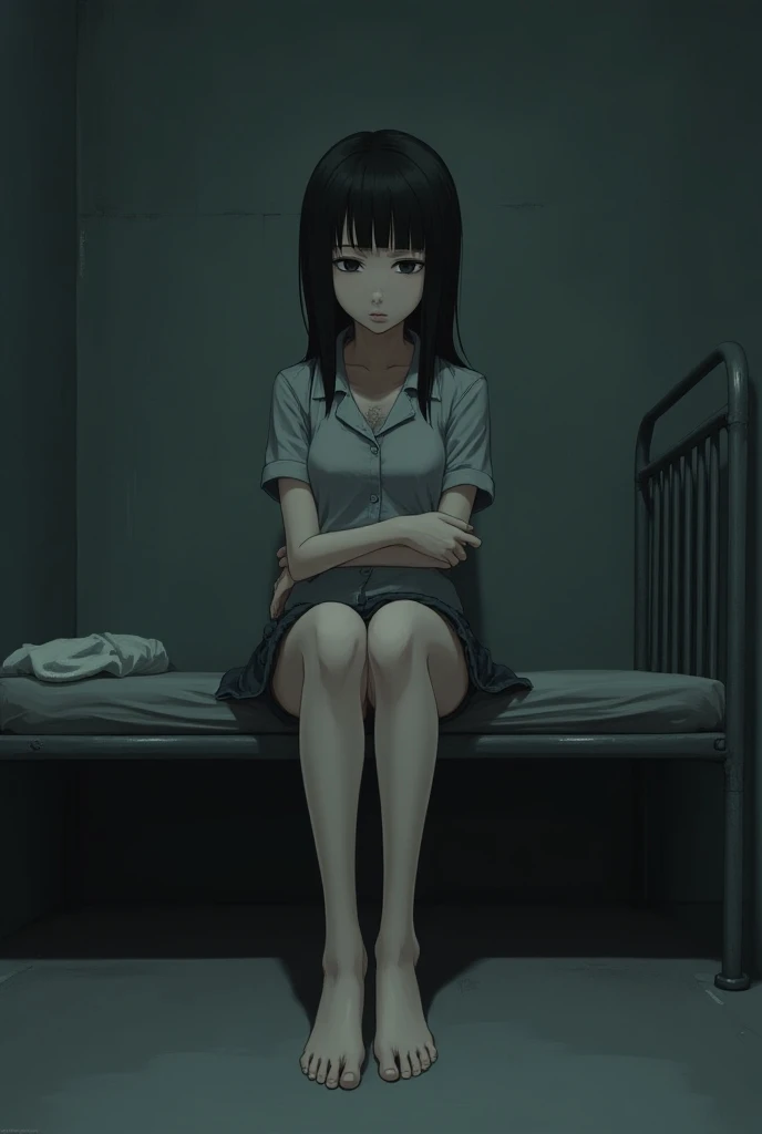  An anime female prisoner barefoot ，The legs are white and white ，Sit with your feet up in the prison cell