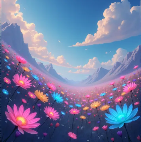 A floating garden filled with glowing flowers, each petal radiating a different color, with rainbow-colored clouds drifting across the sky, and the petals glowing brighter as they sway in the breeze.